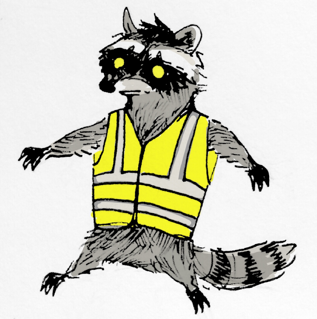 A drawing of a scruffy raccoon wearing a reflective safety vest.